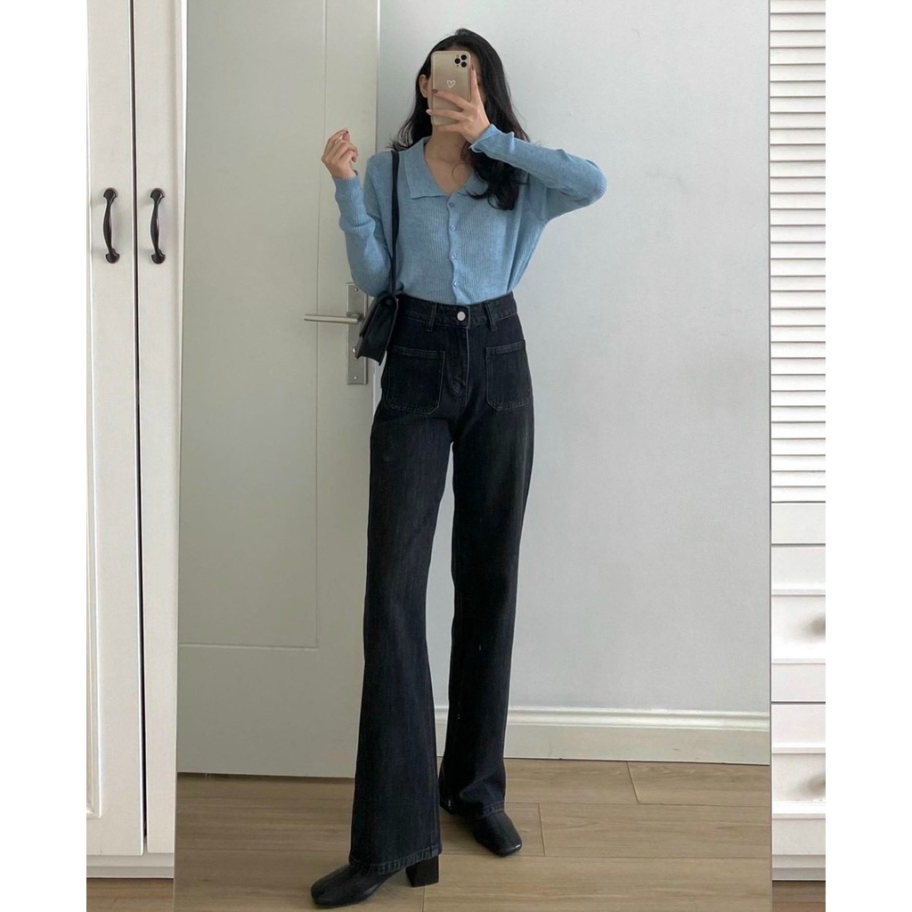 Quần Jean Nữ Ống Loe Đứng - Quần Bò Nữ Ống Loe Đứng Rộng Suông Co Giãn Jeans Cạp Cao