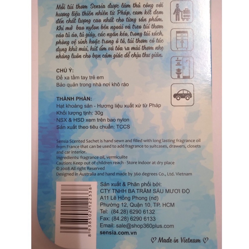 Túi thơm Sensia tuyển chọn các mùi hương (dùng treo tủ quần áo, để tủ giày, để vào các ngăn kéo, túi xách)