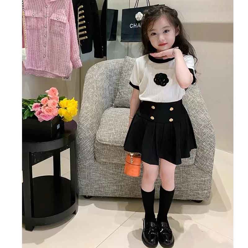 Bộ Áo Thun + Chân Váy Xếp Ly Phong Cách Preppy Thời Trang Mùa Hè 2022 Mới Cho Bé Gái