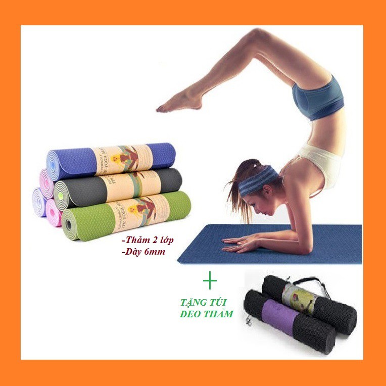 [ Tặng túi lưới ] thảm tập Yoga TPE Eco Friendly 180cm - thảm tập thể dục 2 lớp dày 6mm chống thấm nước