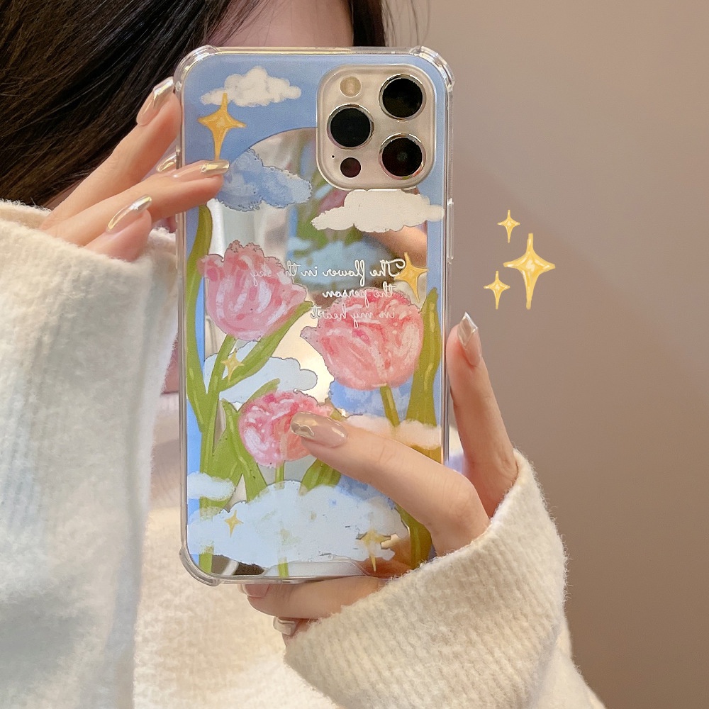 Ốp Điện Thoại Chống Sốc Tráng Gương Họa Tiết Hoa tulip Cho iphone 7 8 plus x xr xs 11 12 13 14 15 mini pro max se 2020