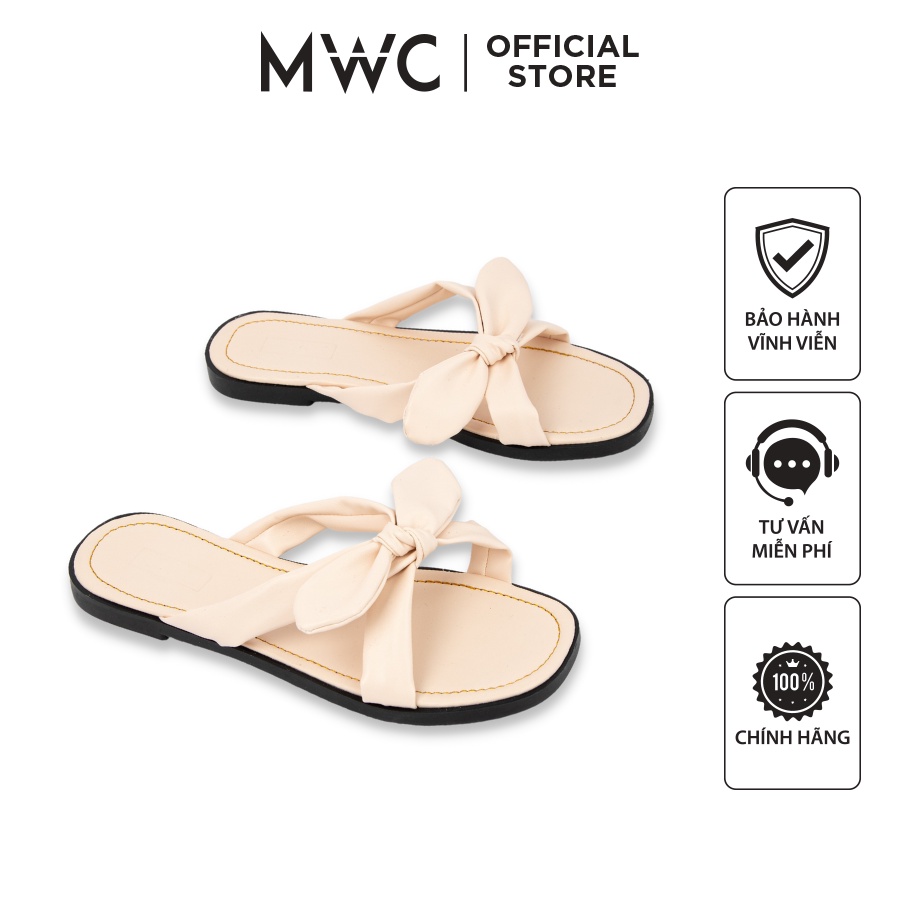 Dép MWC 8073 - Dép Nữ Đế Bằng, Dép Mũi Tròn Quai Chéo Đính Nơ Xinh Xắn, Dép Nữ Quai Da Thời Trang