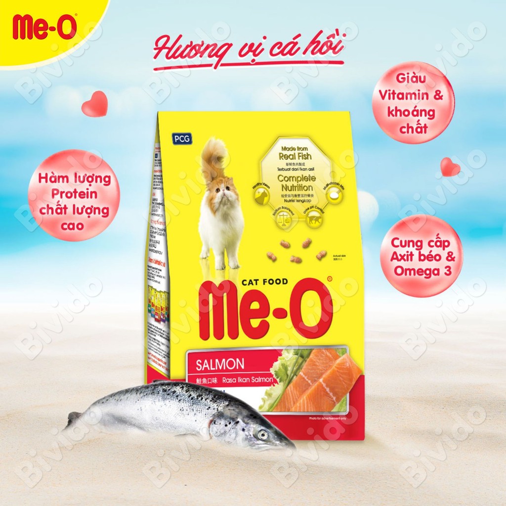 Thức ăn mèo lớn Me-O vị cá ngừ, cá thu, hải sản, cá hồi túi 1.2kg - Bivido