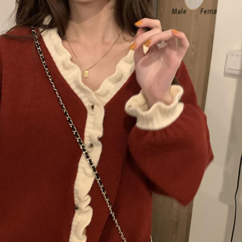 Áo Khoác cardigan Cổ Chữ V Tay Dài Dáng Rộng Phối Ren Màu Đỏ Ngọt Ngào 2021 2021 Cho Nữ