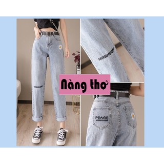 QUẦN BAGGY JEAN NỮ CHẤT BÒ XANH THÊU HOA CÚC LƯNG CAO