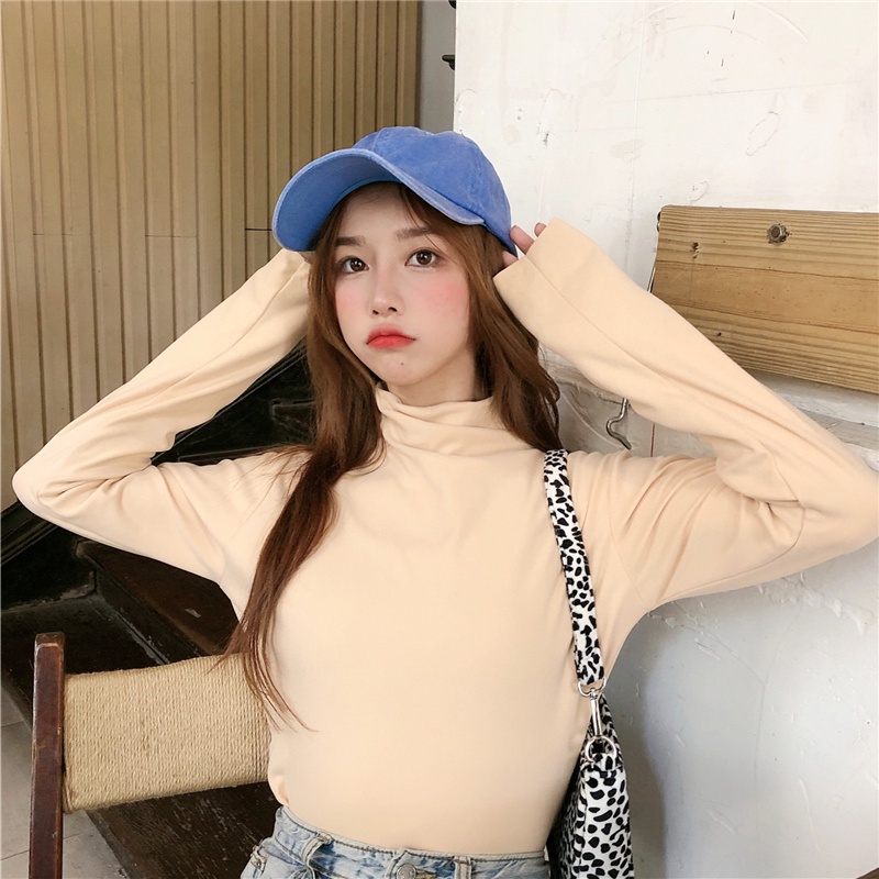 Áo thun tay dài cổ cao màu trơn kiểu dáng thời trang Hàn Quốc