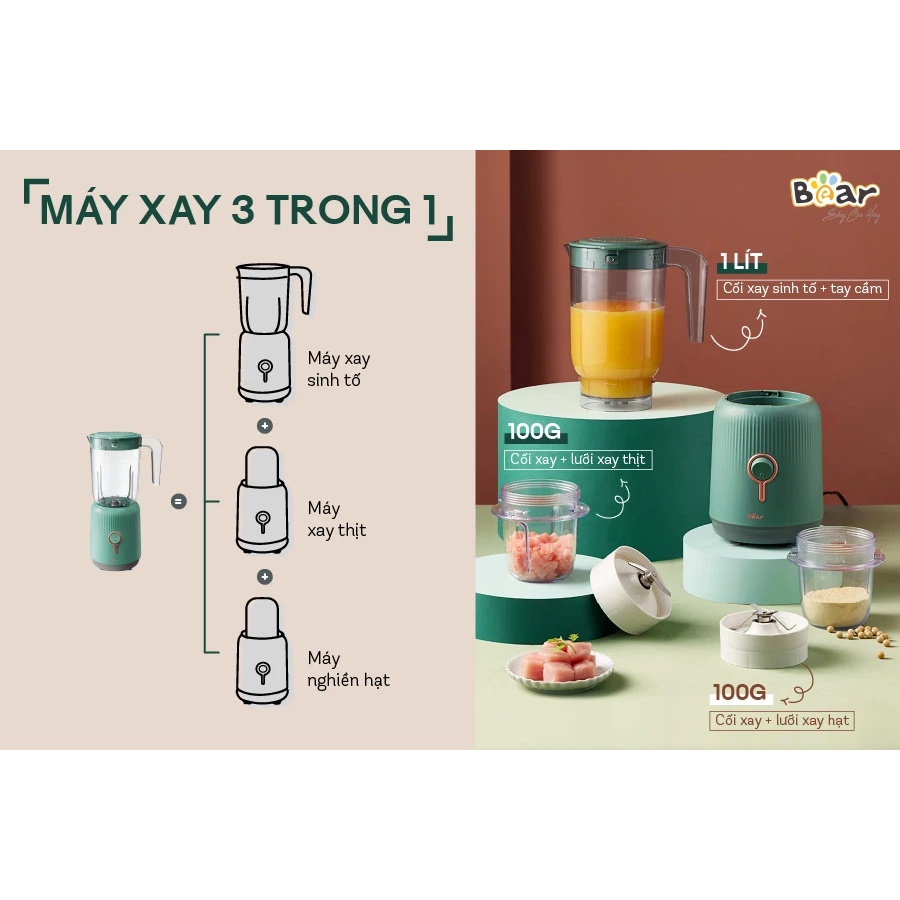 Máy xay 3 cối đa năng Bear LLJ-C10P1 (BL-B10V2) Xay thực phẩm ăn dặm cho bé - Hàng quốc tế chính hãng bảo hành 1 năm