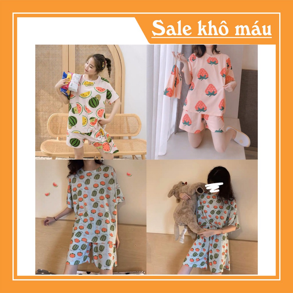 [FREESHIP đơn từ 2 áo]Bộ quần áo ngủ Chất liệu: citi   Size < 60kg 🌹 3 màu:  hồng dâu tây, trắng dưa hấu to, xanh