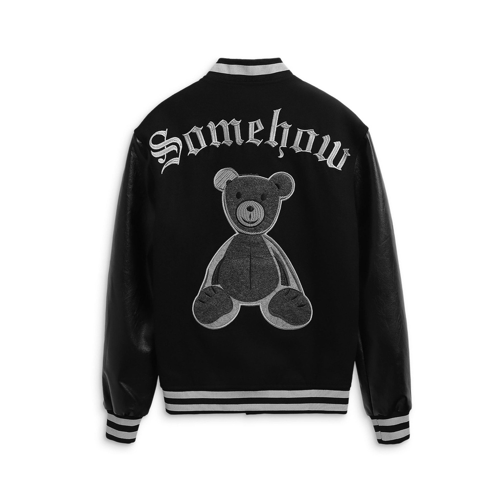 Áo Khoác Bomber Nam , Leather Mix Bear Black , Chất Dạ Dày Dặn , AK003508 ,SOMEHOW