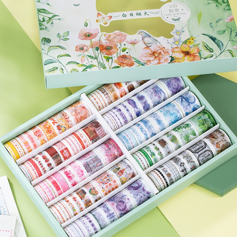 Hộp 100 Washi Tape Nhiều Chủ Đề Khác Nhau Cute Cổ Điển Trang Trí Sổ Tay Góc Học Tập Shop Có Bán Lẻ Set 10 Cuộn Washi