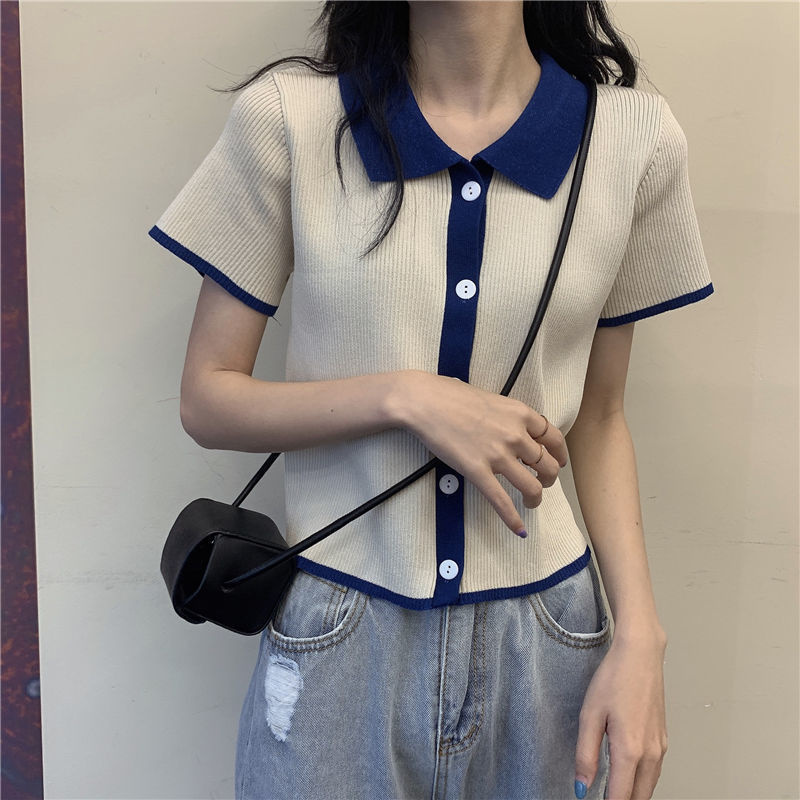 Áo thun Polo dệt kim tay ngắn phối nút nhiều màu sắc phong cách Hàn Quốc thời trang mùa hè cho nữ | WebRaoVat - webraovat.net.vn