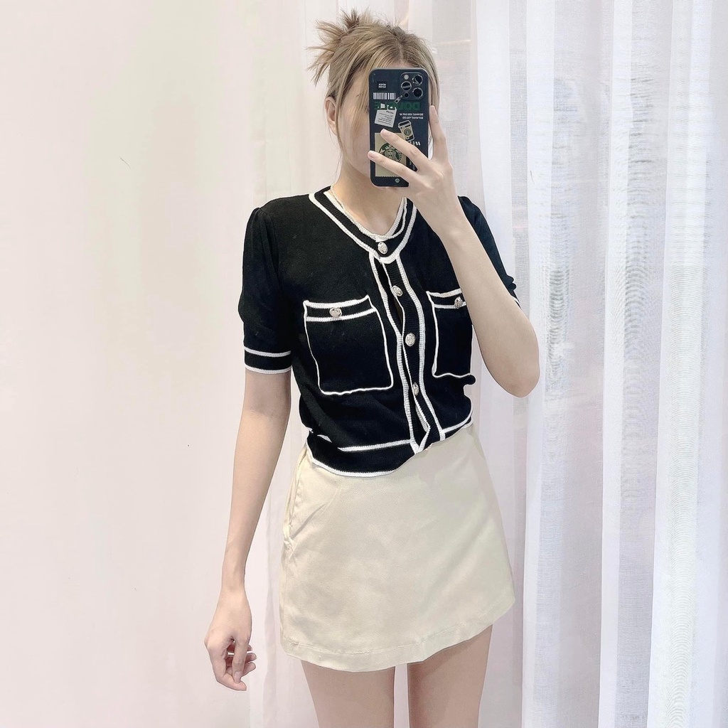 Áo Croptop Dệt Kim Đen Trắng Tay Ngắn Hàng Quảng Châu Cao Cấp Ailee