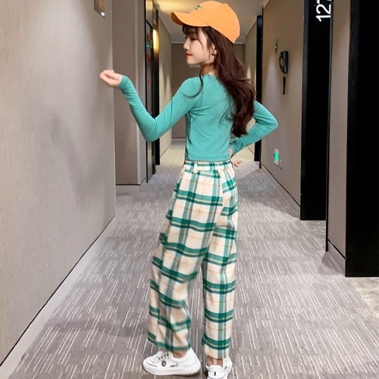 Set áo tay dài dáng ôm kèm quần dài họa tiết caro phong cách cho bé gái