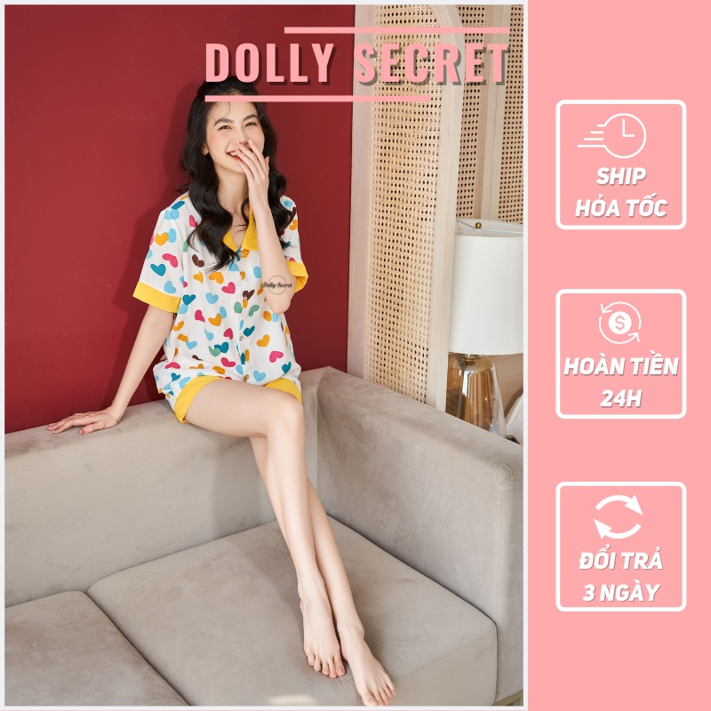Đồ bộ Pijama ngắn tay cộc quần đùi lụa mango cổ tròn họa tiết trái tim chấm bi đáng yêu DOLLY SECRET CC04