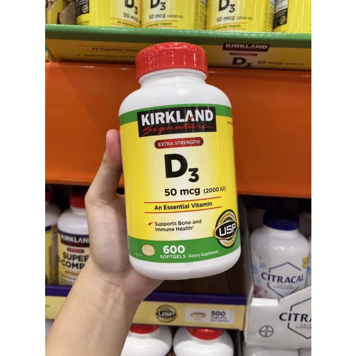 Viên Uống Vitamin D3 Kirkland Extra Strength D3 50mcg 600 Viên Mỹ