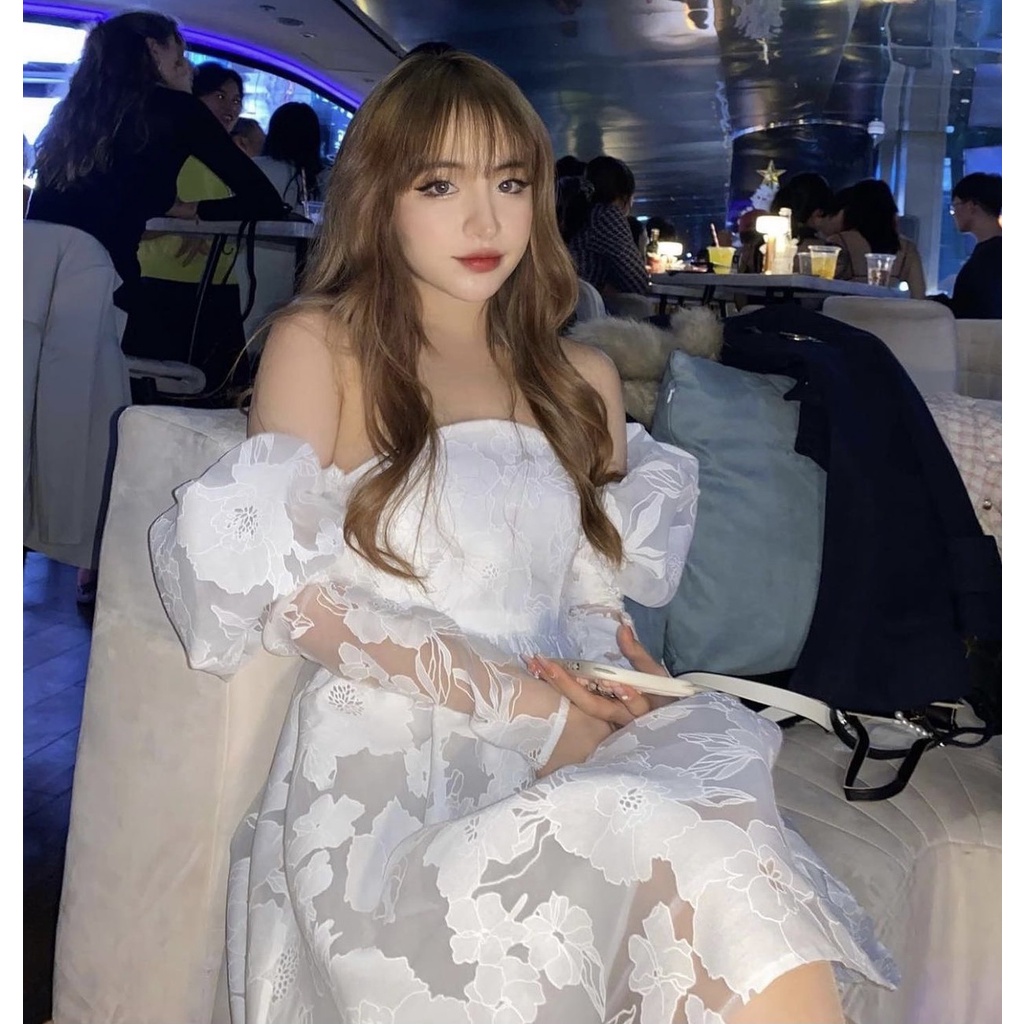 Váy trắng tiểu thư Pretty In Rosé Dress Cúp ngực tay phồng họa tiết sáng da form chuẩn tôn dáng | BigBuy360 - bigbuy360.vn