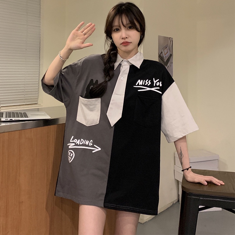 Áo Sơ Mi Cổ Polo Tay Ngắn Dáng Rộng In Họa Tiết Phong Cách Retro Mỹ Cho Nữ