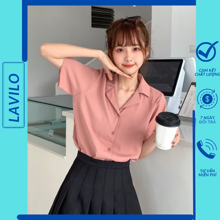 Áo sơ mi kiểu nữ công sở tay ngắn cổ vest form rộng chất lụa hàn đẹp LAVILO SM03