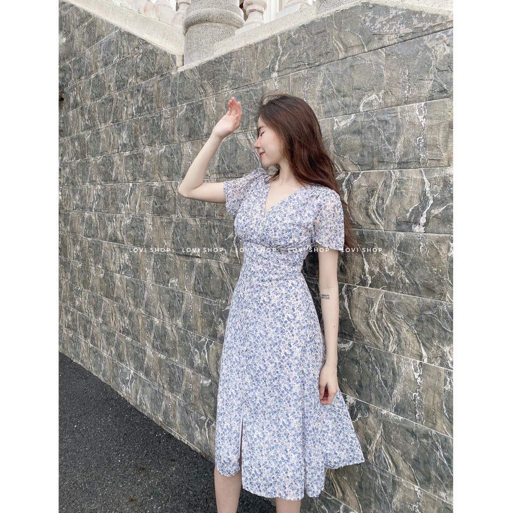 LOVI SHOP Váy đầm voan hoa nhí thiết kế nút ngọc cổ V phong cách thiểu thư vintage