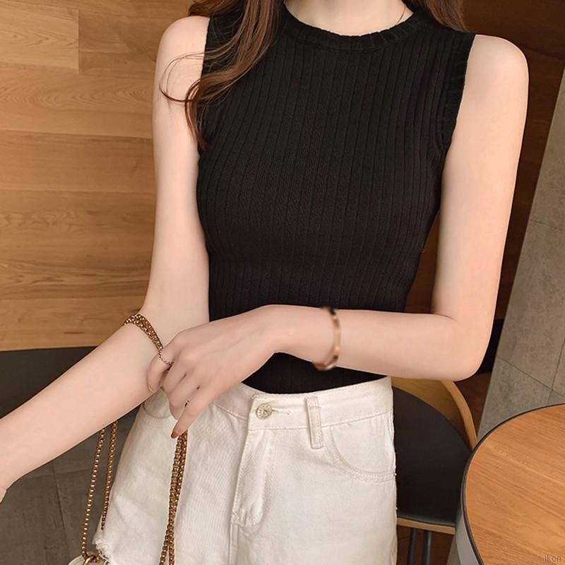 Áo Sát Nách Dệt Kim Cổ Tròn Thiết Kế Màu Trơn Thanh Lịch