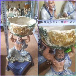 Chậu tượng La Hán đỡ thau tiền tài lộc gốm sứ Bát Tràng-16x10x40 cm làm chậu trồng cây cảnh mini, trang trí tết