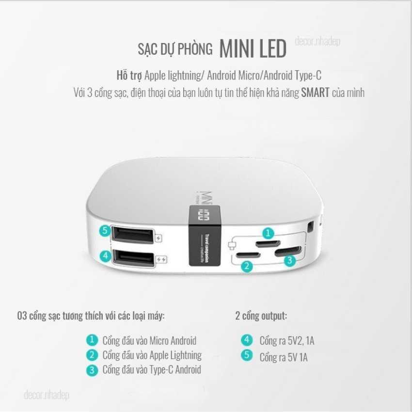 Sạc dự phòng đa năng thông minh MINI POWER BANK 10.000 Mah,Tích Hợp Sạc Nhanh, màn hìnhled hiển thị phần trăm pin-Baihee