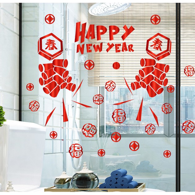 Decal trang trí Tết - Dây Pháo Hoa nổi bật Happy New Year ( ĐỎ - VÀNG )
