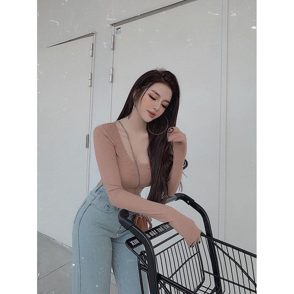 Áo thun lụa croptop tay dài cổ vuông dáng croptop xinh tôn dáng xinh xinh