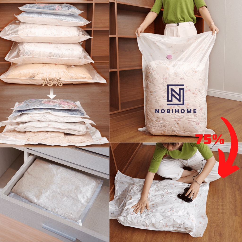 Túi Hút Chân Không Đựng Quần Áo Chăn Gối Nobihome Combo 8 Túi Tặng Kèm Bơm Tay,túi chân không đựng quần áo