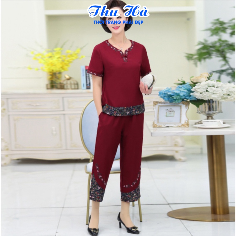 Đồ bộ mặc nhà tay ngắn họa tiết thêu hoa Thu Hà quần áo trung niên cho mẹ form rộng rãi thoải mái ĐBH.18