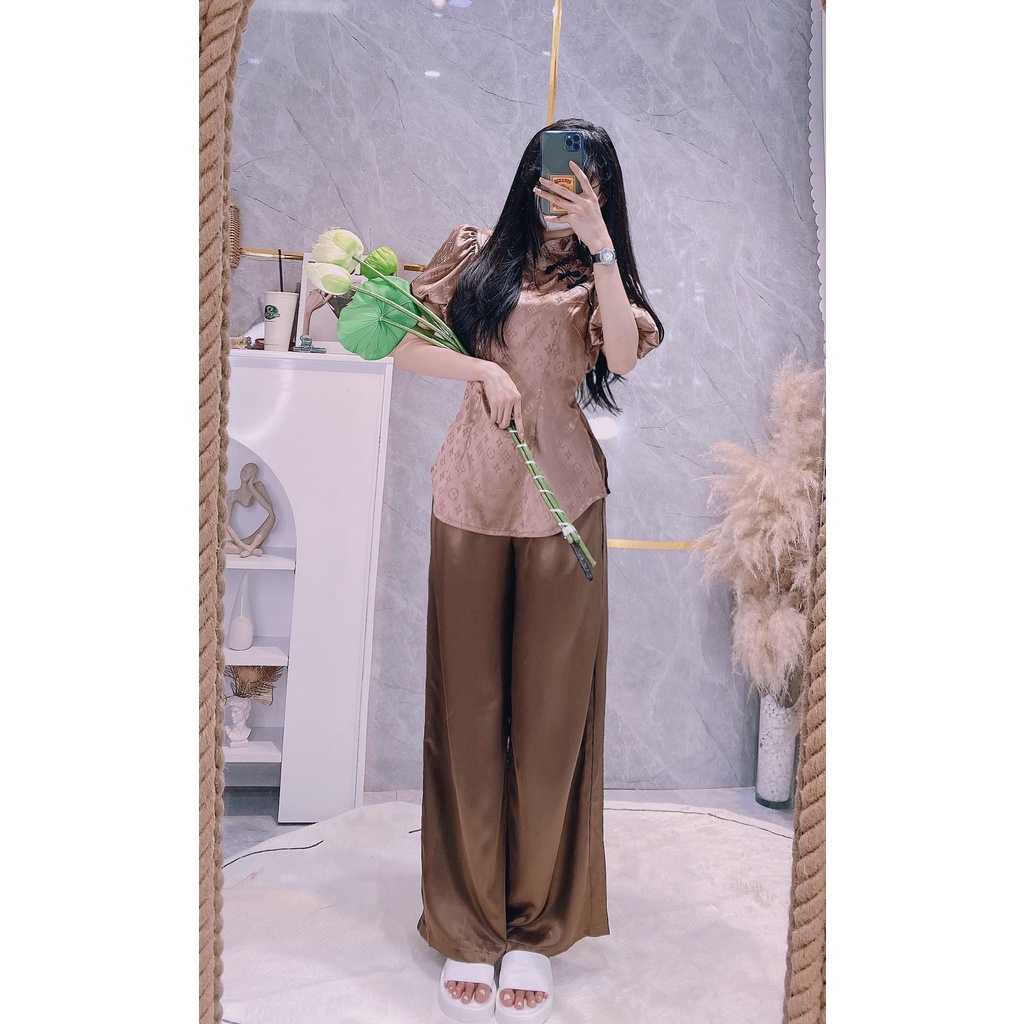 Set nữ đi chùa nút tàu tay bí chất gấm lụa sang trọng quý phái với màu đen và nu trơn