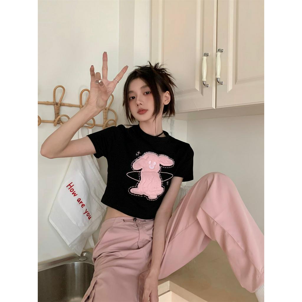 Áo Thun Ngắn Tay Dáng Rộng Thêu Hình Thỏ Nhồi Bông Phong Cách Thời Trang Dành Cho Nữ