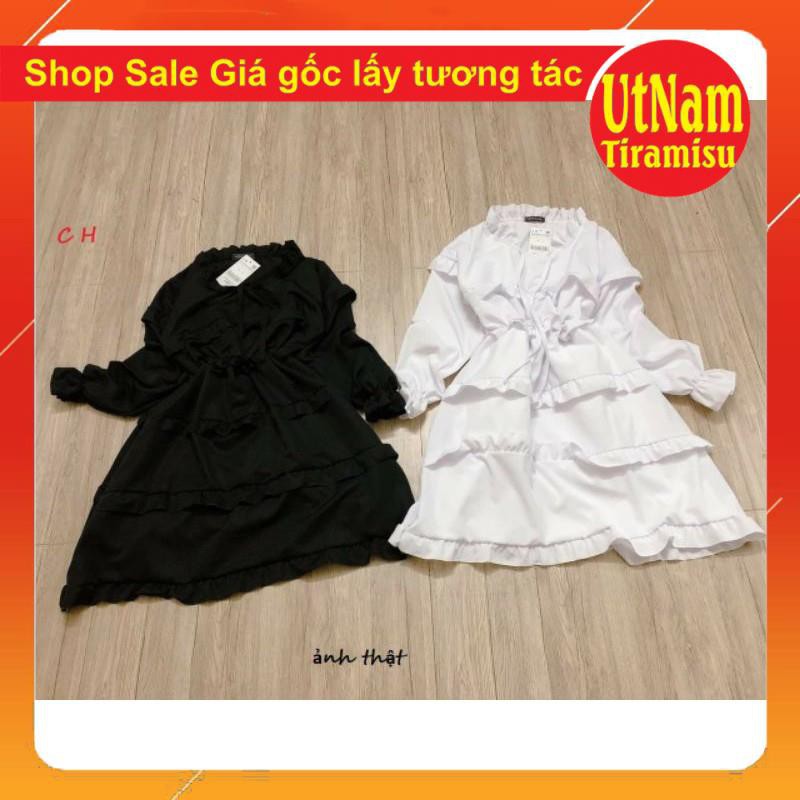 (Ảnh thật + video shop tự quay) Váy Viền Bèo Nữ 🦋 Đầm Nữ Buộc Nơ Viền Tầng hai màu đen, trắng  Vintage giá rẻ