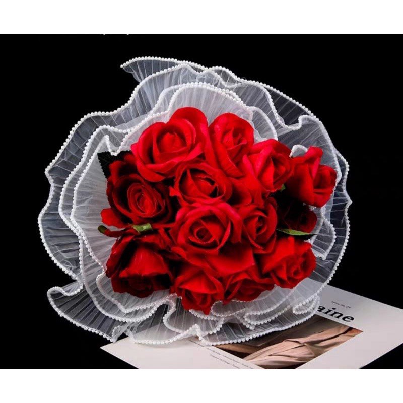 Voan lưới gói hoa dập ly viền ngọc