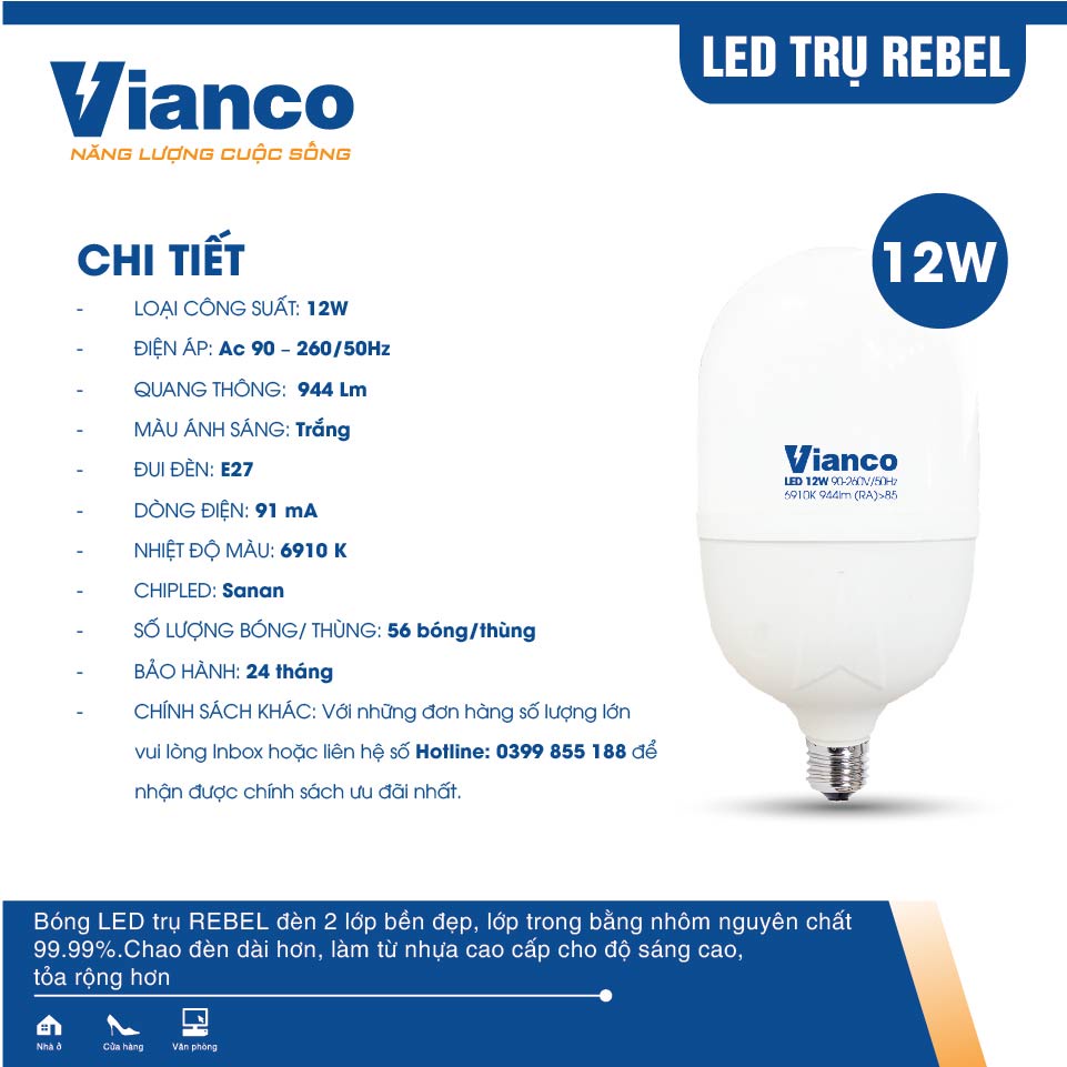 Bóng Led Trụ Rebel VIANCO Thiết Kế Mới Hiện Đại, Công Nghệ Ánh Sáng Thông Minh Bảo Vệ Thị Lực, Công Suất Nhỏ