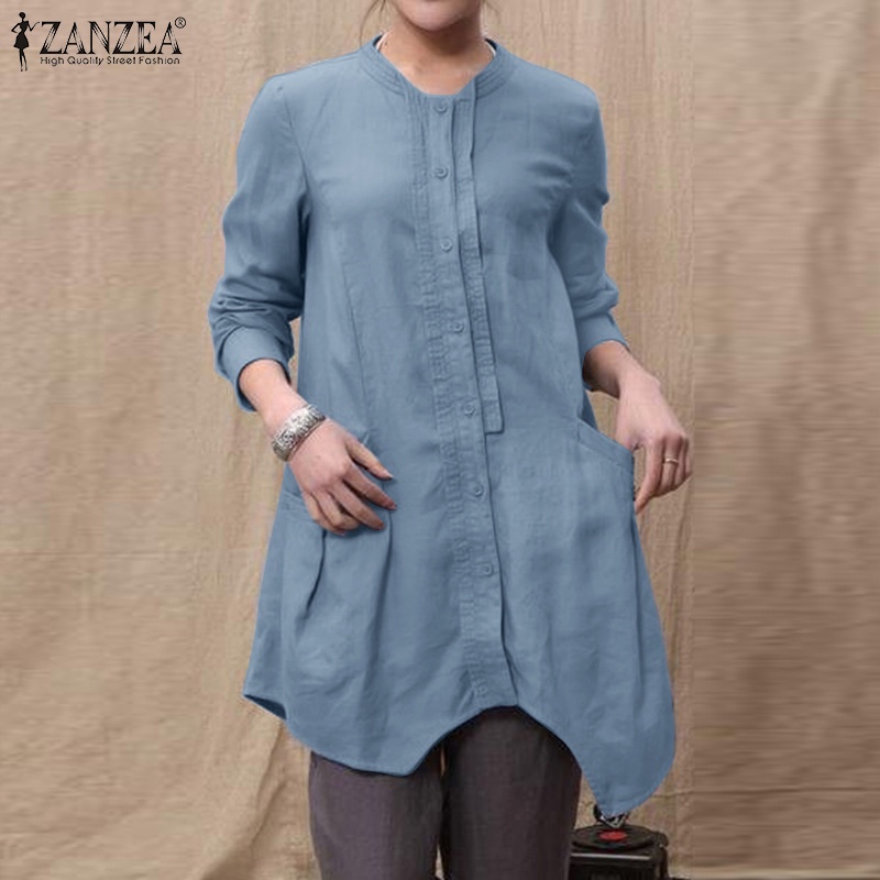 Áo sơ mi Zanzea tay dài vạt không đều có túi dành cho nữ