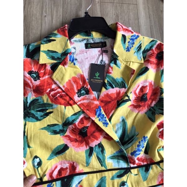 đầm cổ vest hoa đẹp vải linen hãng AZ vnxk
