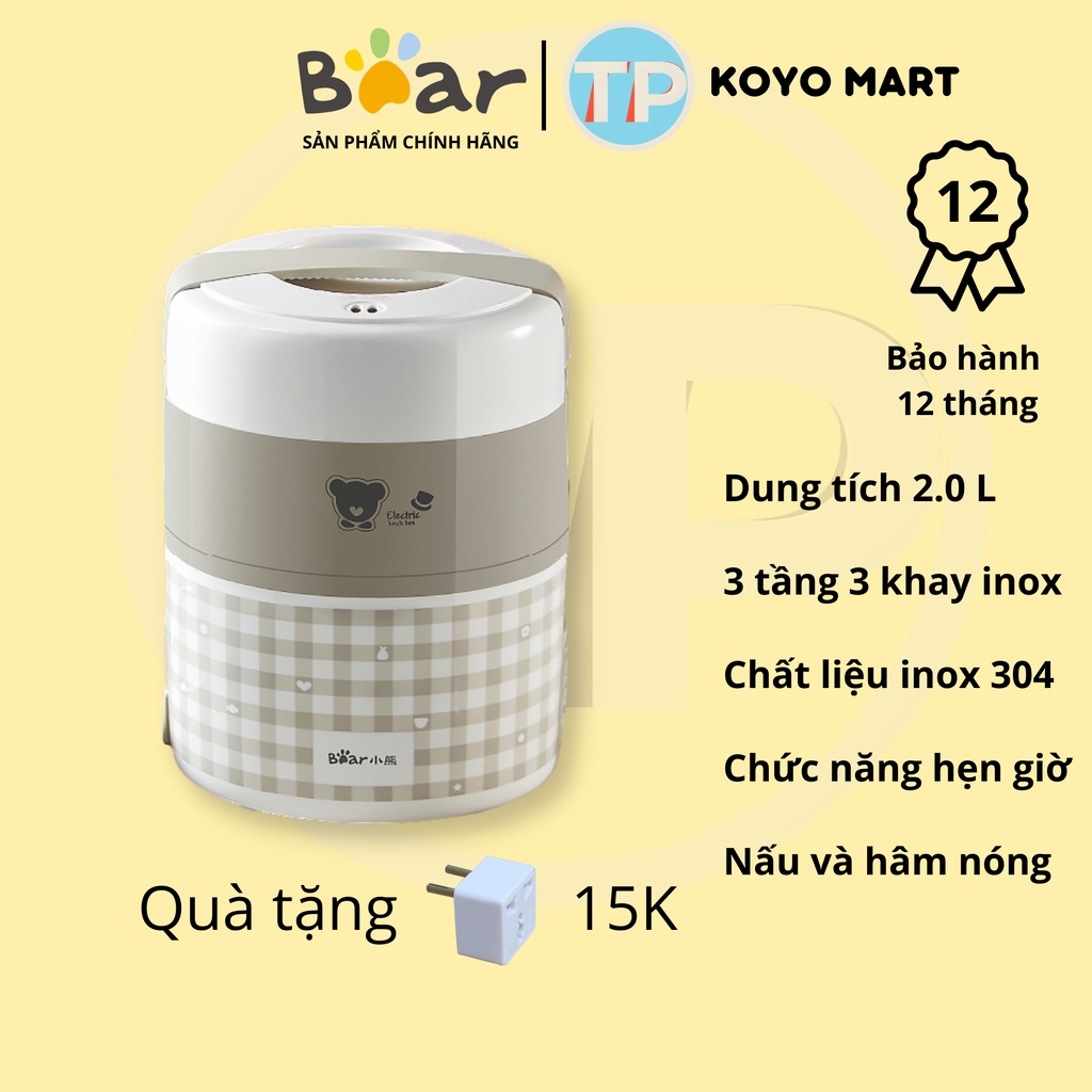 Hộp cơm cắm điện Bear hẹn giờ DFH-A20D1, 2.0 lít, nấu chín, hâm nóng và giữ nhiệt, sử dụng inox 304 cao cấp