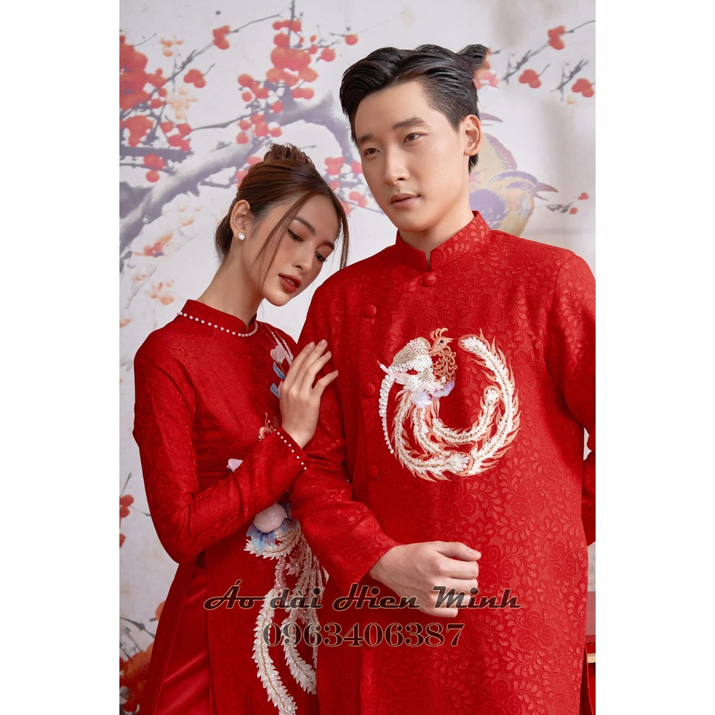 Áo dài cưới cặp đôi cô dâu chú rể màu đỏ sang trọng chất liệu gấm cao cấp họa tiết thê