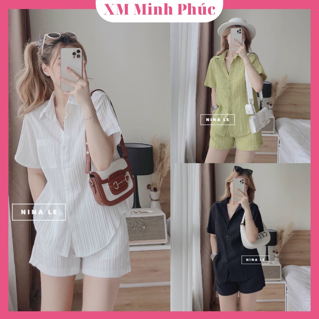 Set Quần Áo Nữ, Bộ Đi Chơi Đi Biển Sang Chảnh Áo Sơ Mi Cách Điệu Phối Quần Đùi Màu Xanh Bơ, Trắng, Nâu,đen Xm Minh Phúc