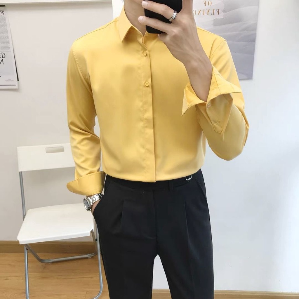 Áo Sơ mi nam công sở cao cấp màu vàng , vải lụa cao cấp VNXK , kiểu dáng from vừa ôm Hàn quốc HTuấn Luxury