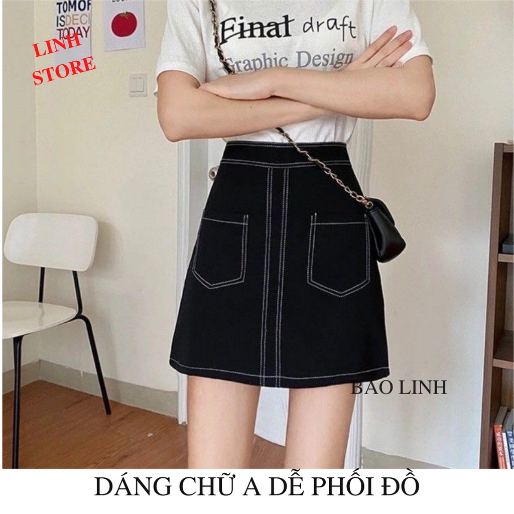 Chân Váy Công sở chữ A LINH STORE Lưng Cao Viền Chỉ Nổi Phối 2 Túi Có Lót Trong Chống Lộ