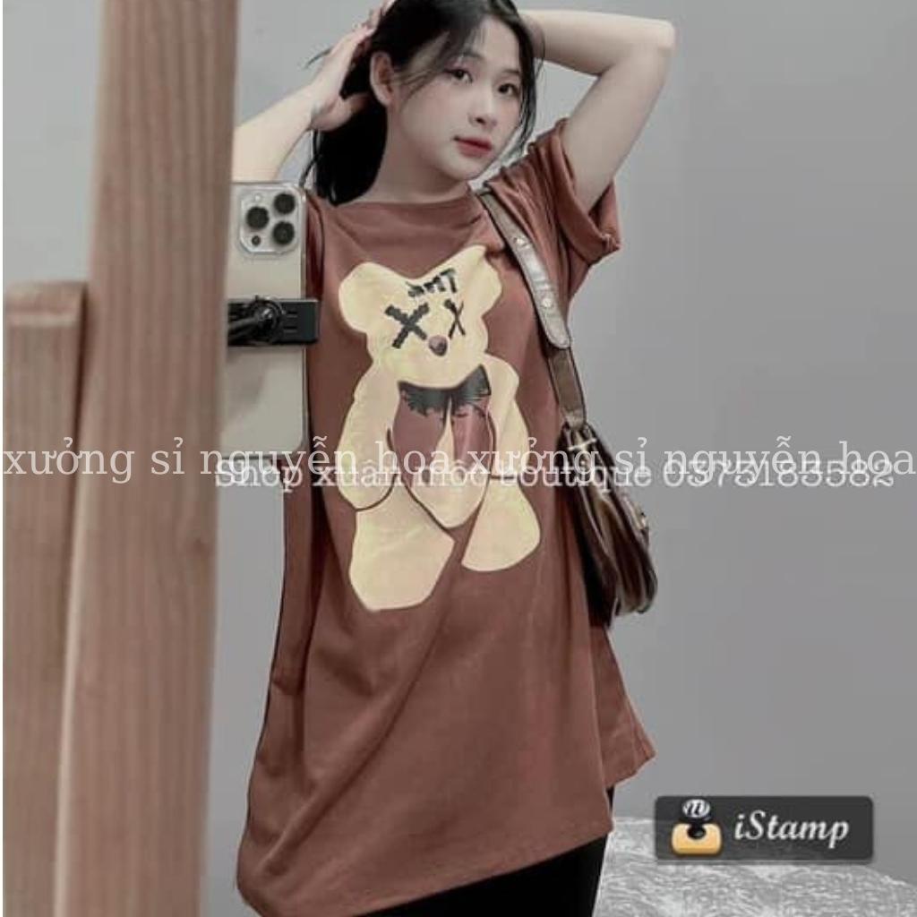 Sét bộ áo thun in hình gấu The dáng rộng kèm quần ngố legging ôm 2 màu nâu đen Xưởng Sỉ Nguyễn Hoa