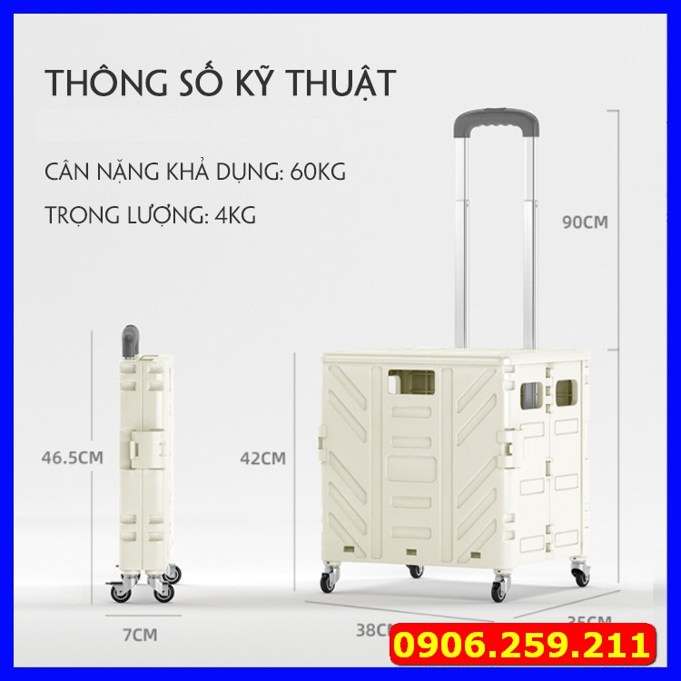Xe kéo gập gọn hình vali - Thùng đựng đồ có bánh xe kéo đi chợ,gấp gọn đi du lịch