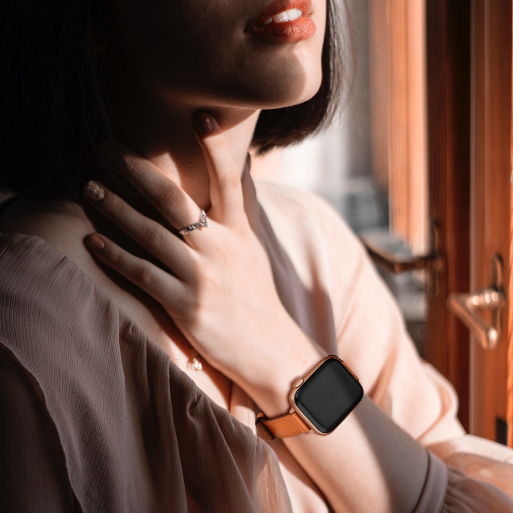 Dây đeo đồng hồ bằng da mỏng sang trọng thích hợp cho Apple Watch Series 7 6 5 SE 4 3 2 44mm 40mm 41mm 42mm 38mm 45mm