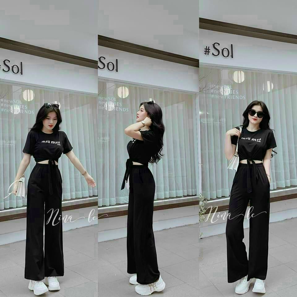 (FreeShip)Đồ bộ nữ,bộ cotton áo croptop in chữ cột nơ phối quần ống rộng có túi,chất thun mềm mát lên from chuẩn