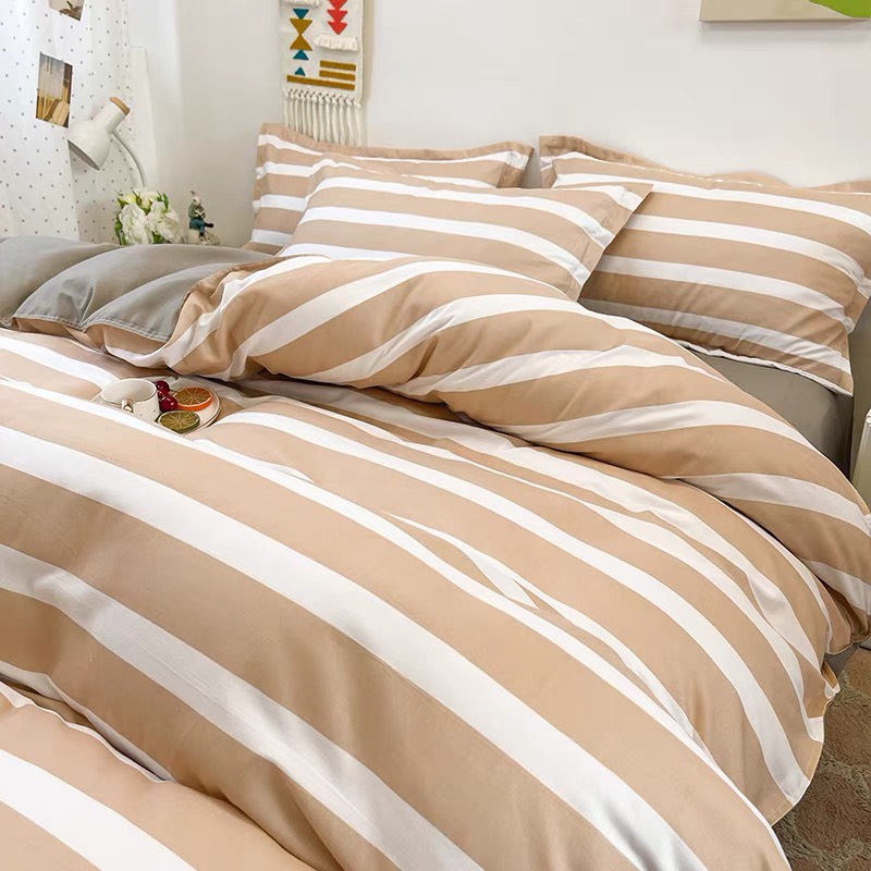 Bộ chăn ga gối cotton poly Lidaco decor phòng ngủ vintage - Kẻ ngang be (SP001477)