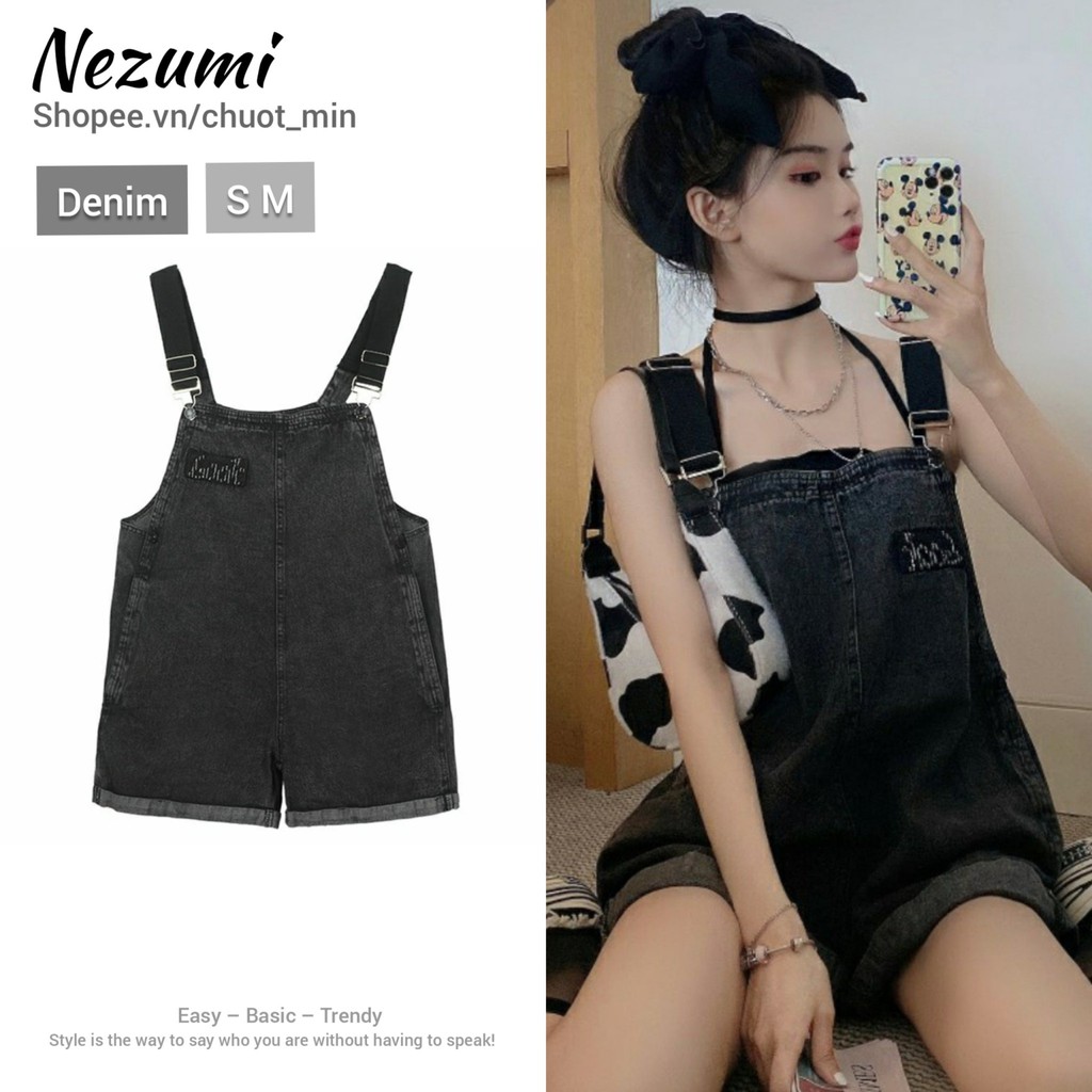 (Order_ảnh thật) Quần yếm short jeans bò đen dáng jumsuit siêu xinh xắn đáng yêu