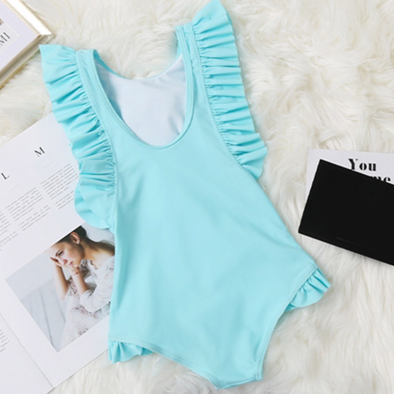 Bộ Đồ Bơi Nhún Bèo Màu Trơn Dễ Thương Thời Trang Mùa Hè Cho Bé Gái