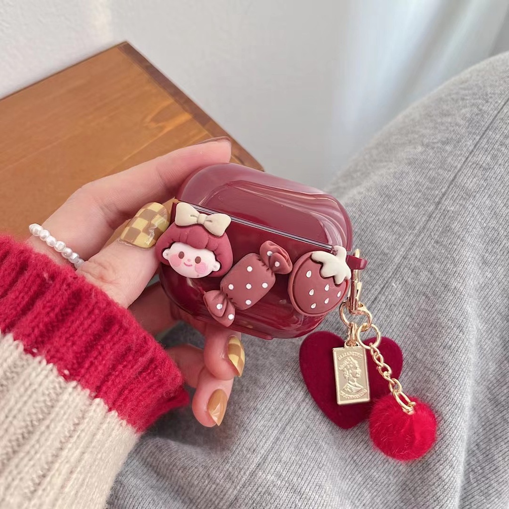 Burgundy girl compatible for airpods 1/2 pro cartoon protect Bluetooth headset cover soft tpu with chain airpods 3 new